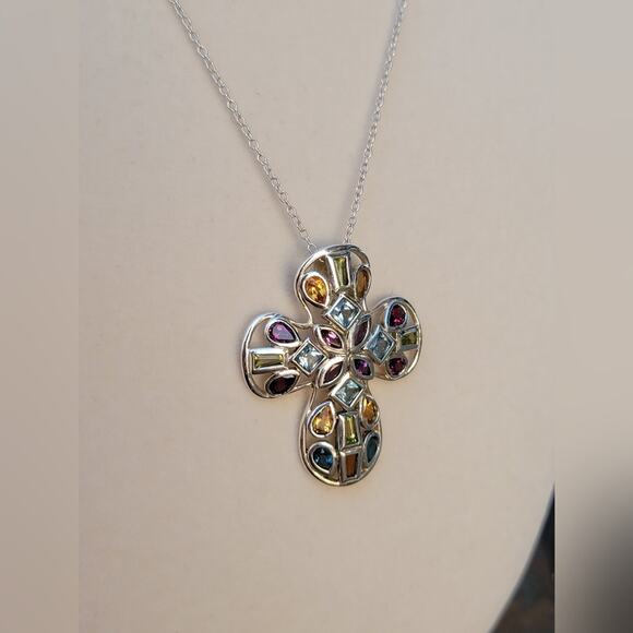Sterling Silver Multi-Gemstone Cross Pendant Necklace – 925 Marked - Picture 2 of 5